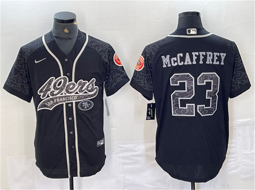 Men's Black San Francisco 49ers #23 Christian McCaffrey Reflective With Patch Cool Base Stitched Baseball Jersey